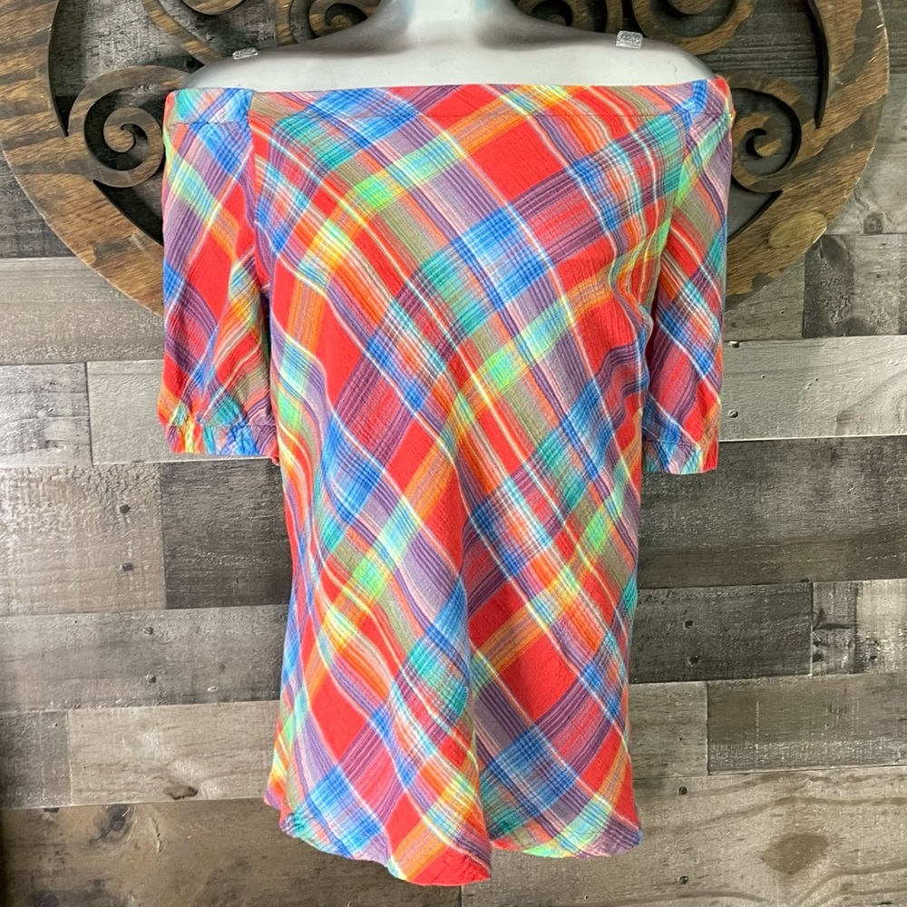 Ralph Lauren 90s y2k Plaid Off Shoulder Blouse Colorful Checkered Preppy